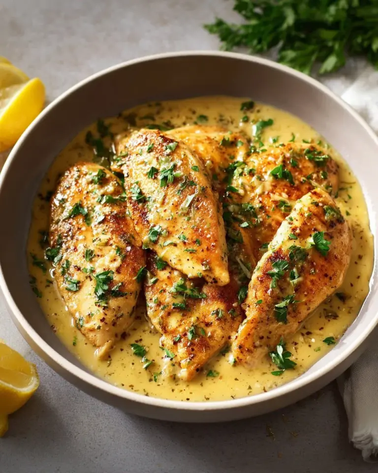 Baked Garlic Parmesan Chicken garnished with herbs on a rustic wooden table
