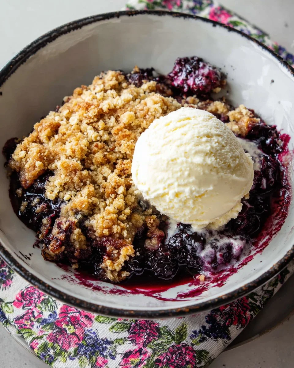 Gluten-free blueberry crisp topped with oats and almonds, served in a bowl