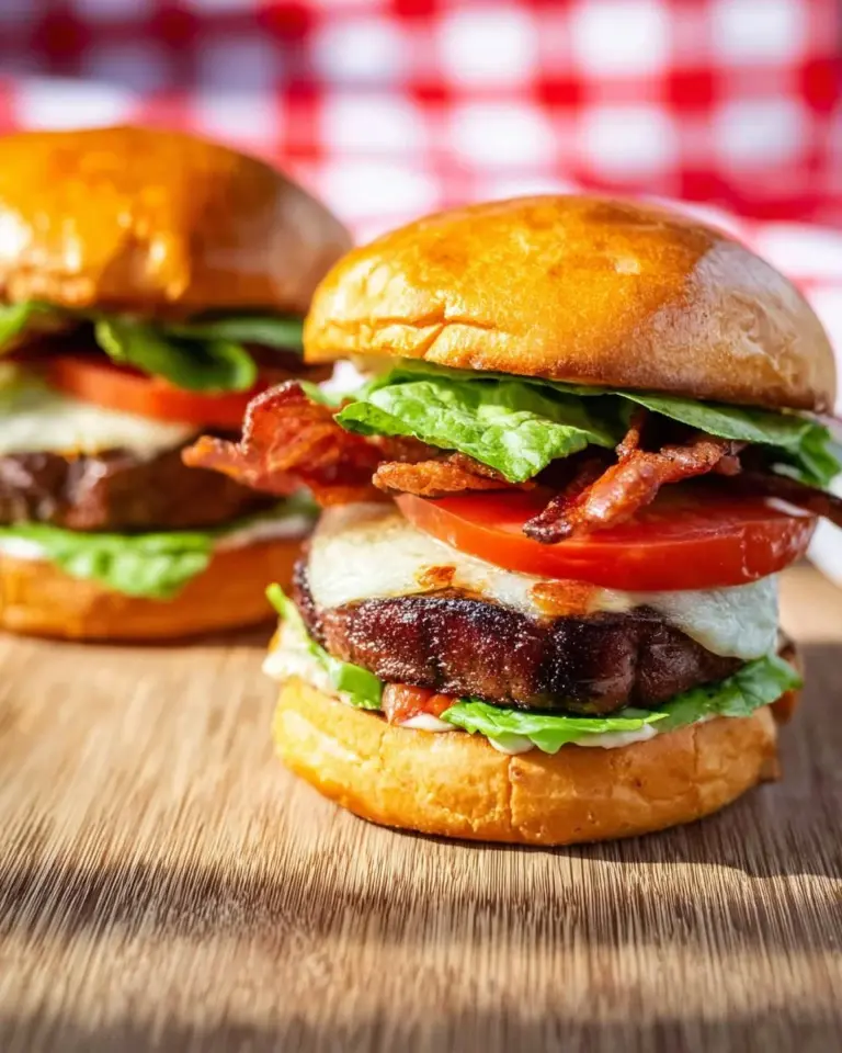 Grilled Chipotle BLT cheeseburgers with lettuce and tomato on a rustic wooden table.