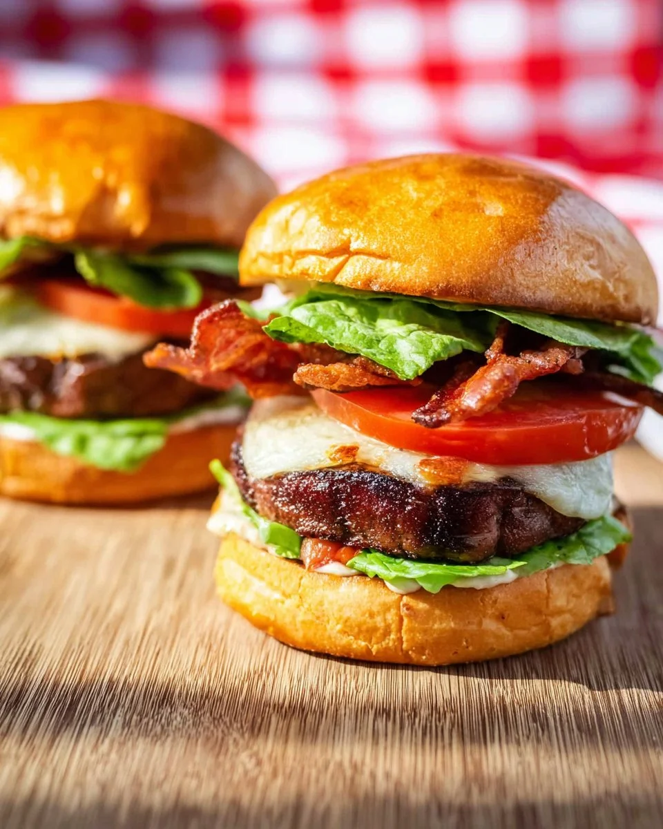 Grilled Chipotle BLT cheeseburgers with lettuce and tomato on a rustic wooden table.