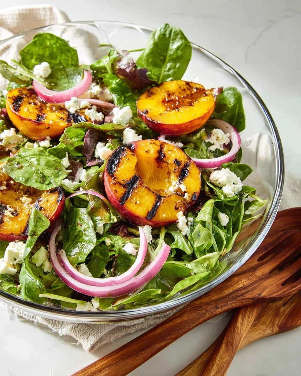 Delicious grilled peach salad with fresh greens and nuts