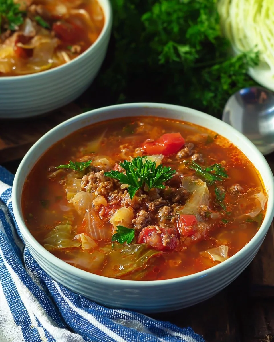 Bowl of hearty ground beef and cabbage soup topped with herbs.