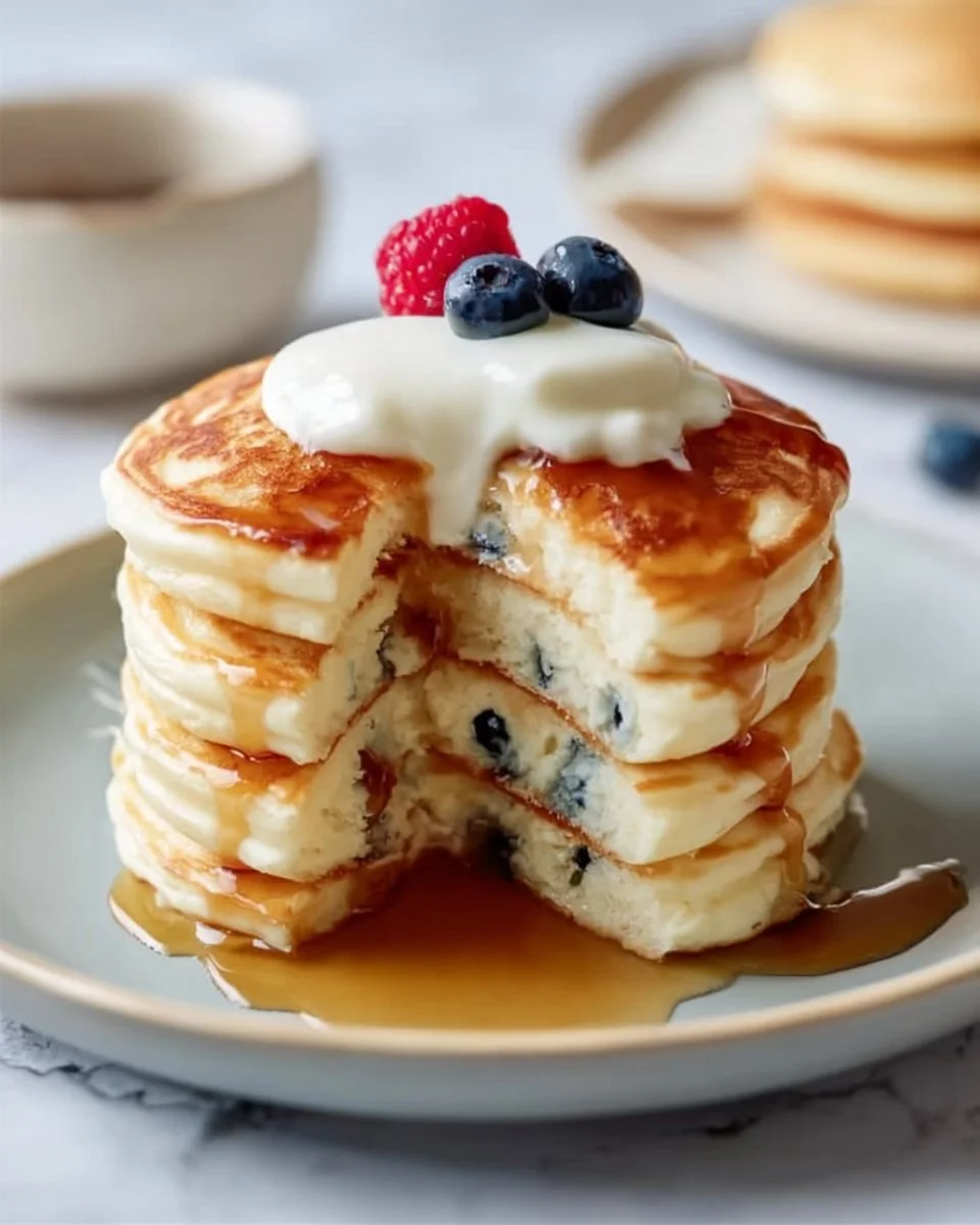 High protein cottage cheese pancakes served on a plate with syrup