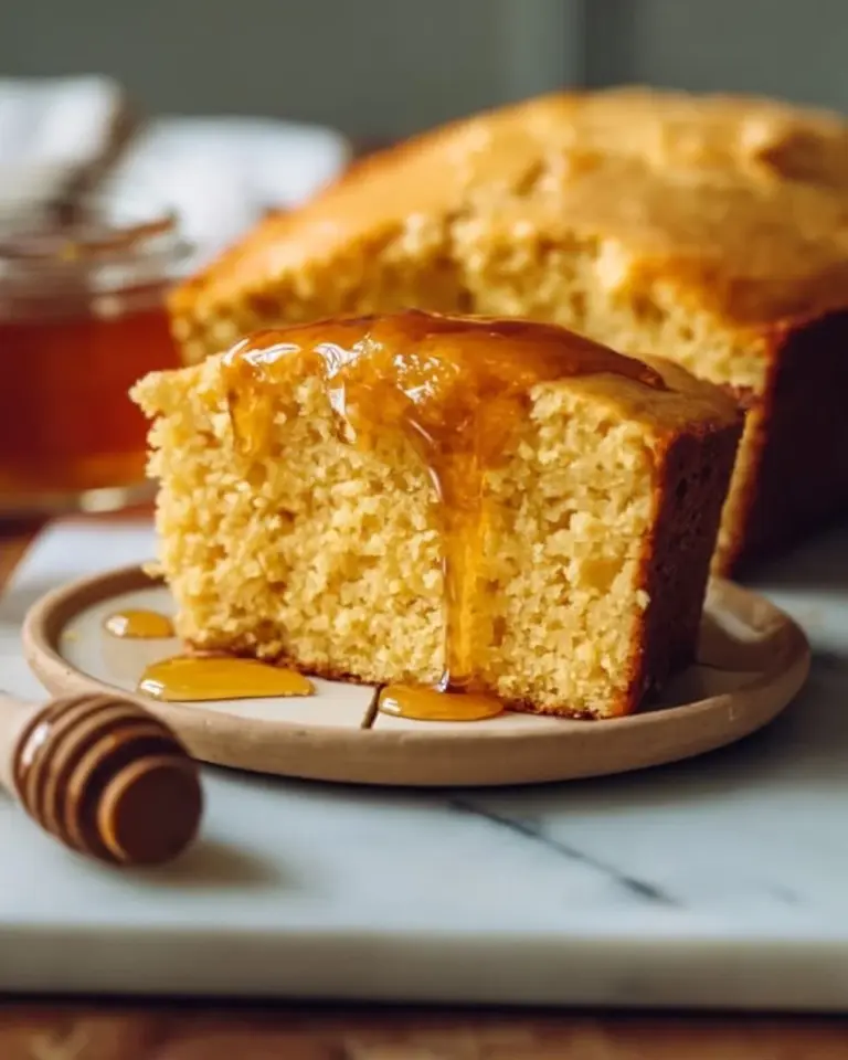 Freshly baked Honey Sweet Cornbread with a golden crust and drizzled honey