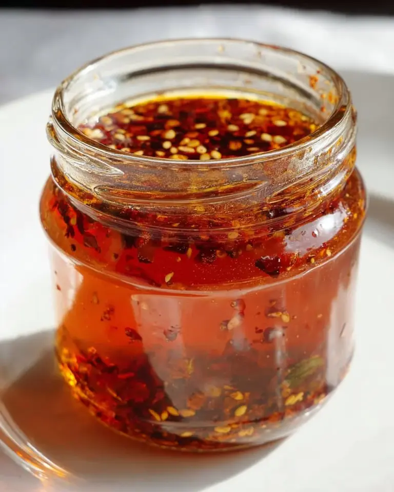 Delicious homemade hot honey in a jar with chili peppers next to it.
