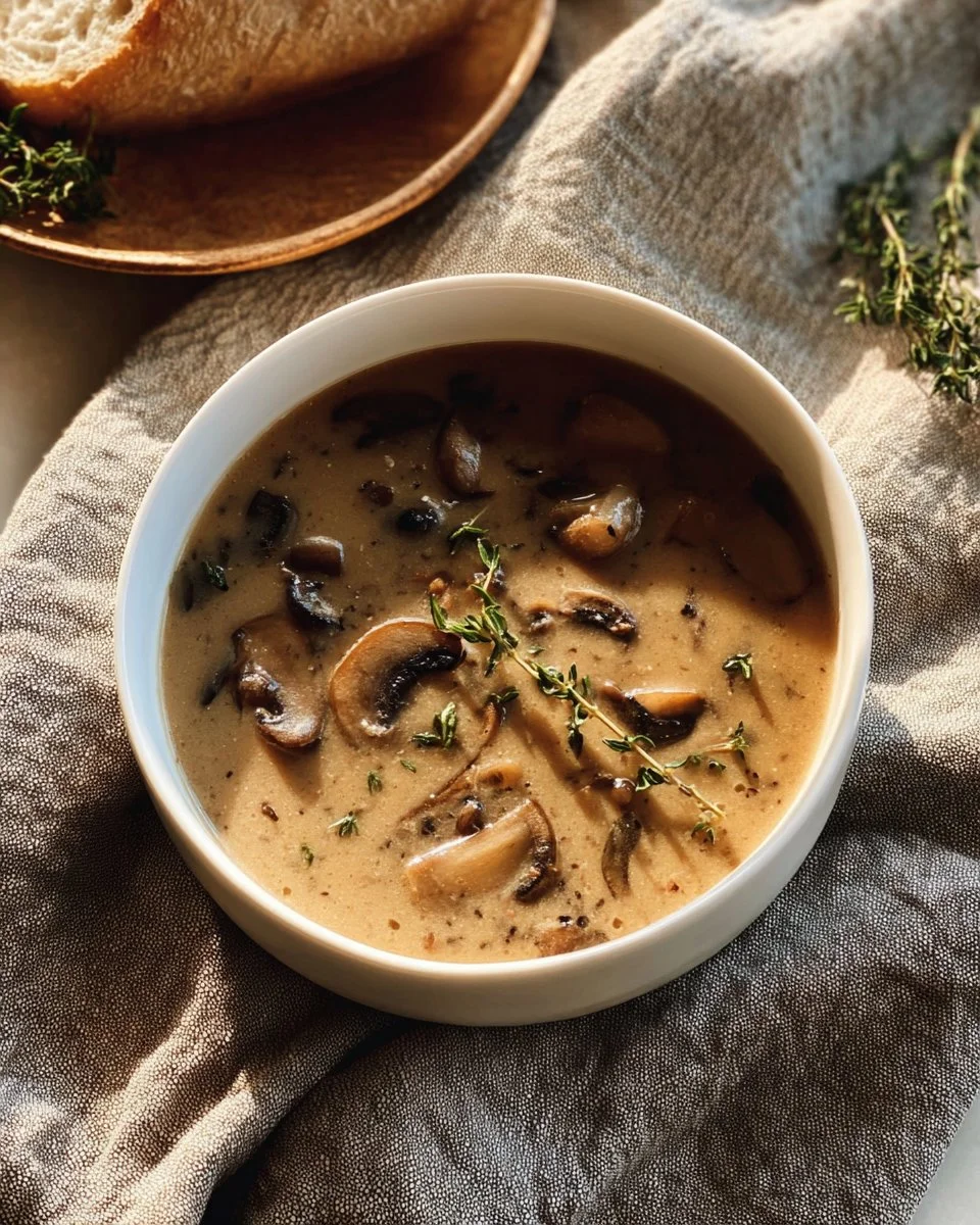 Bowl of delicious Instant Pot creamy mushroom soup with fresh herbs on top.