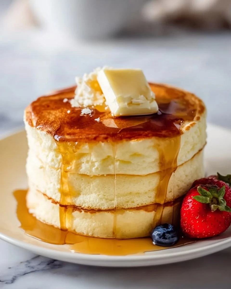 Fluffy Japanese soufflé pancakes topped with fresh berries and syrup