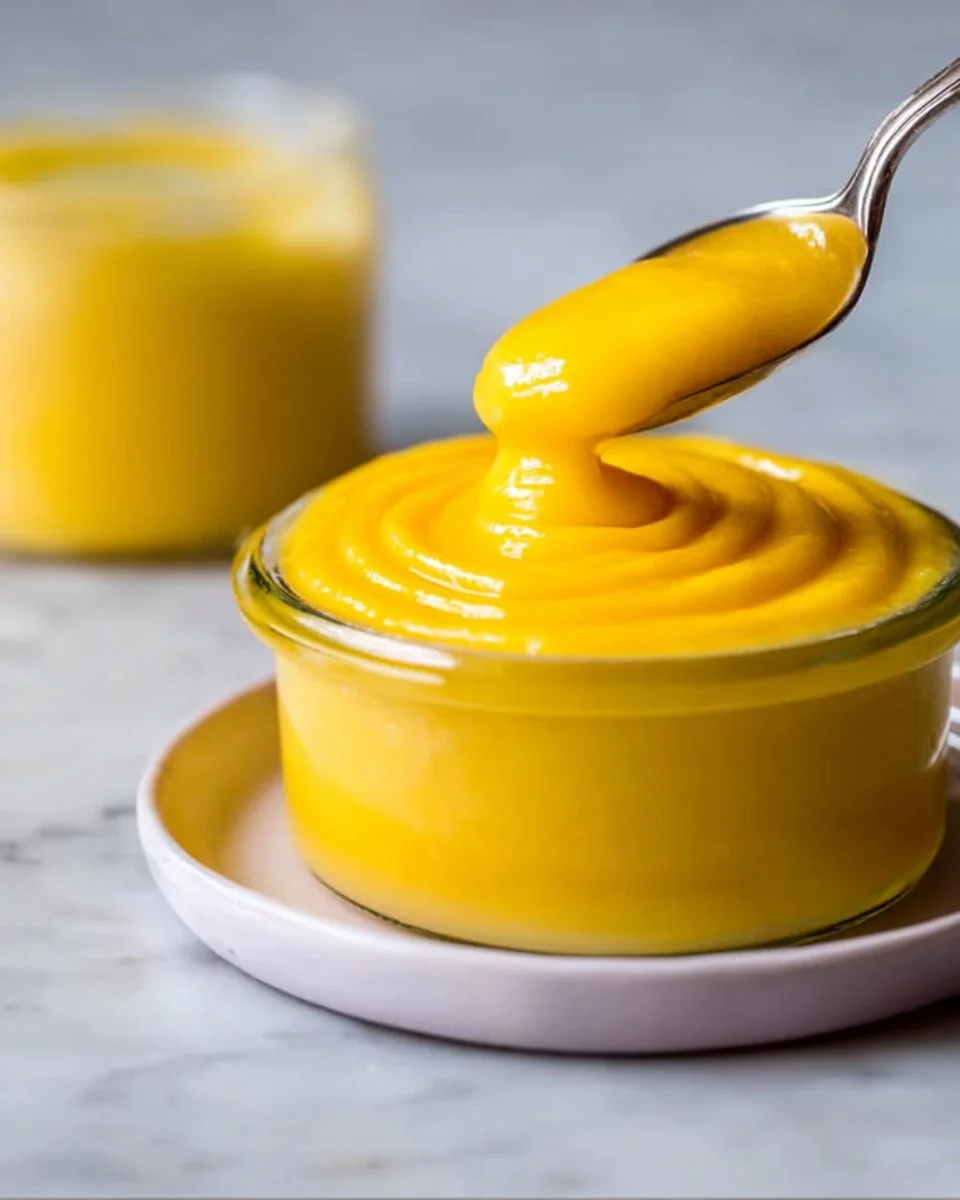Fresh lemon curd in a glass jar with lemons and a whisk