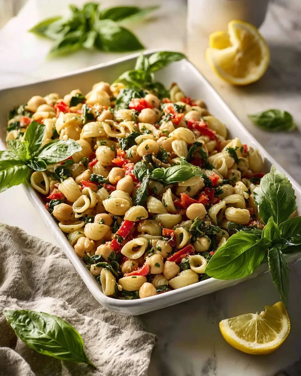 Lemon High Protein Bean Pasta Salad with fresh vegetables and beans