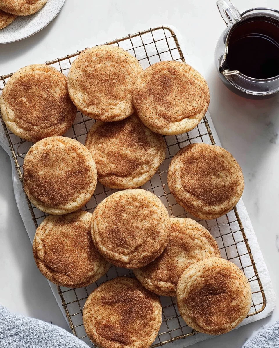 Plate of freshly baked Maple Snickerdoodles with a caramel drizzle