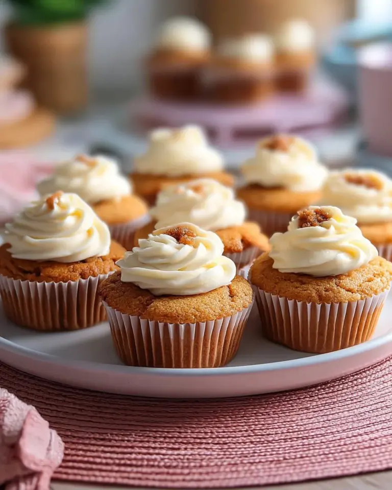 Mini carrot cakes topped with cream cheese frosting on a white plate