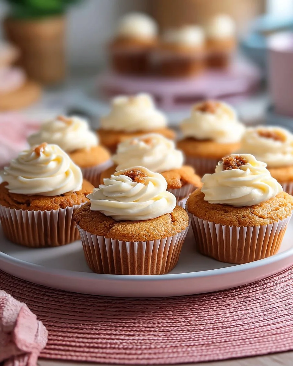 Mini carrot cakes topped with cream cheese frosting on a white plate
