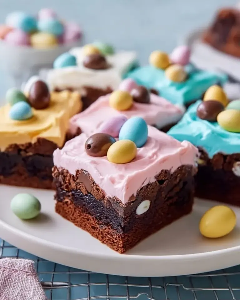Delicious mini egg brownies topped with colorful mini eggs for a festive treat.