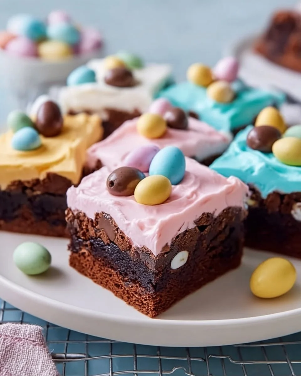 Delicious mini egg brownies topped with colorful mini eggs for a festive treat.