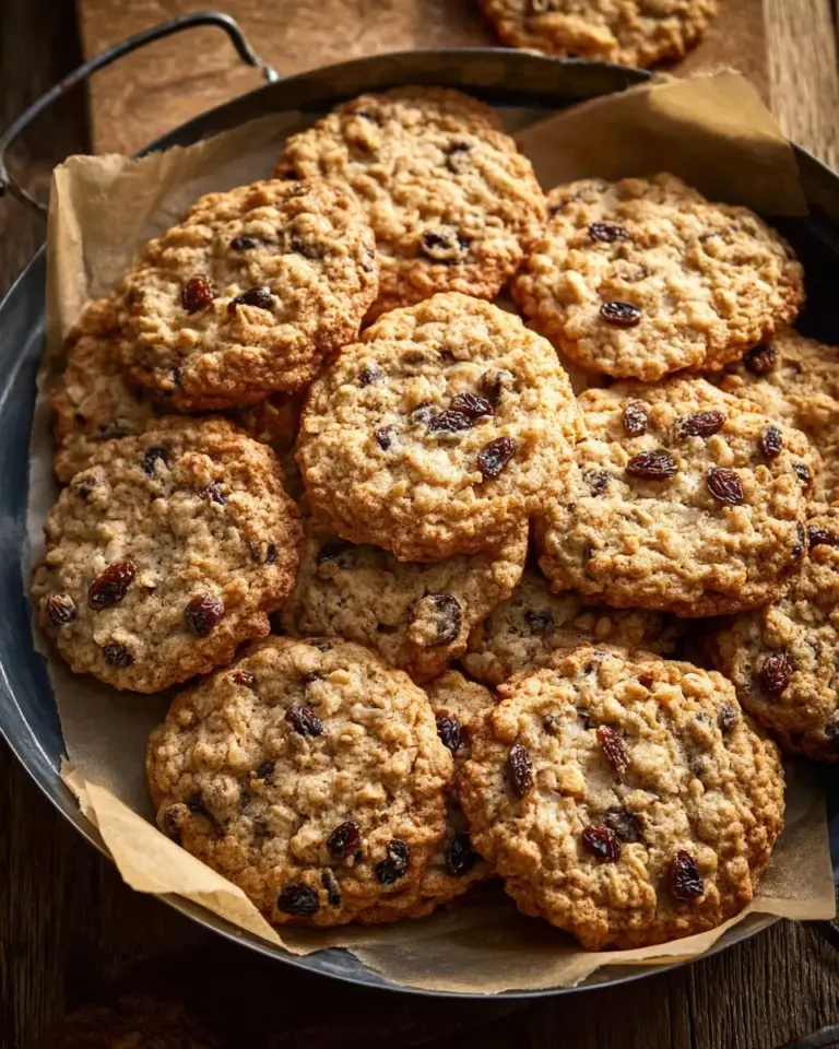 Homemade oatmeal raisin cookies on a plate with a glass of milk