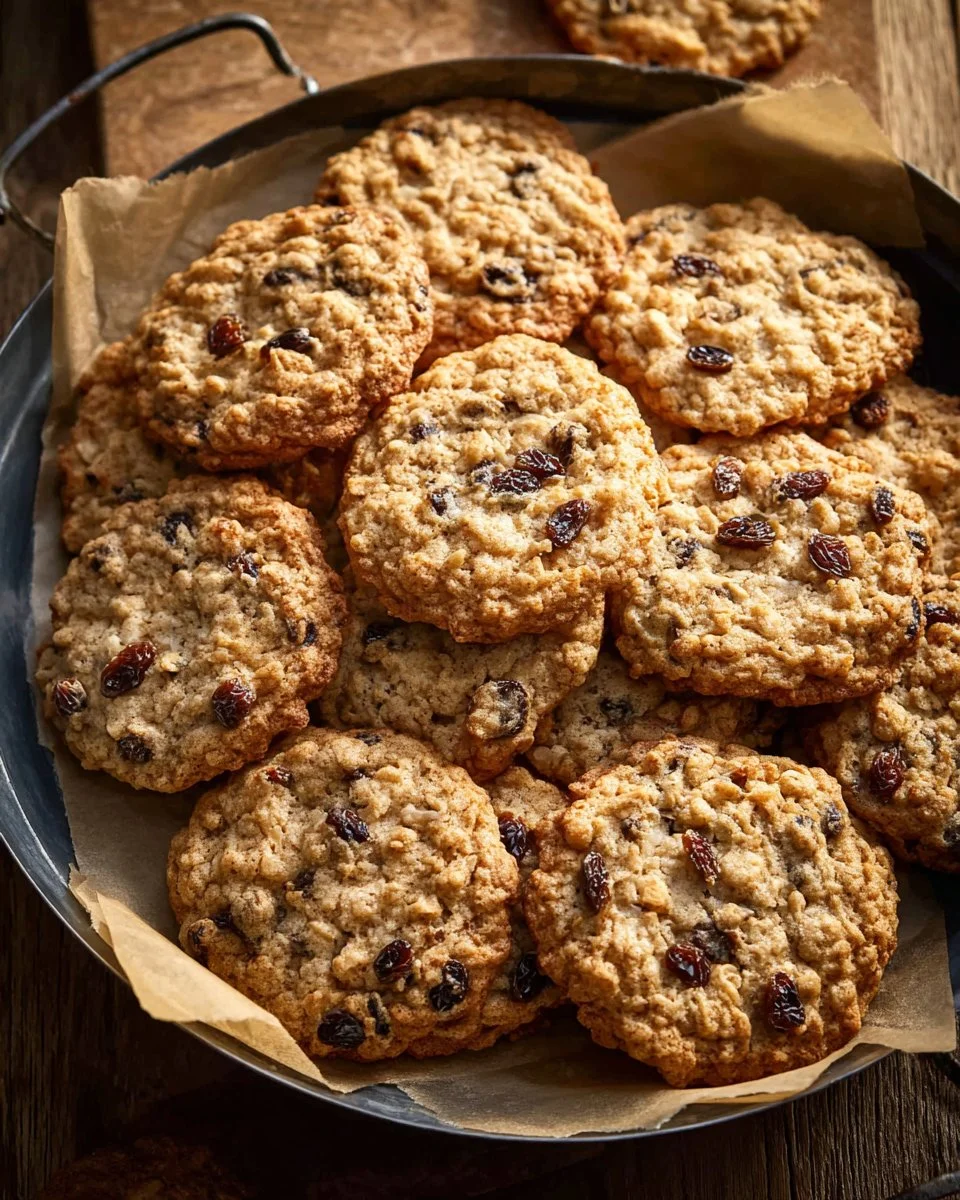 Homemade oatmeal raisin cookies on a plate with a glass of milk
