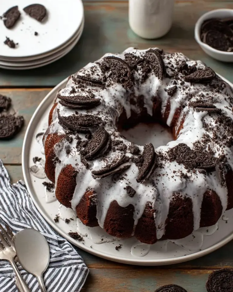 Delicious homemade Oreo Bundt Cake topped with Oreo cookie crumbs