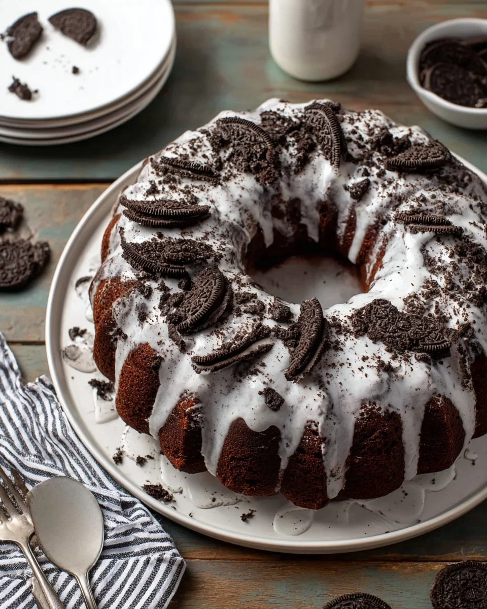 Delicious homemade Oreo Bundt Cake topped with Oreo cookie crumbs