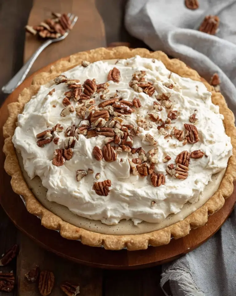 Delicious slice of Pecan Cream Pie topped with pecans on a dessert plate