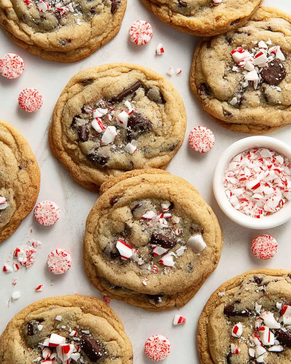 Freshly baked peppermint chocolate chip cookies on a plate
