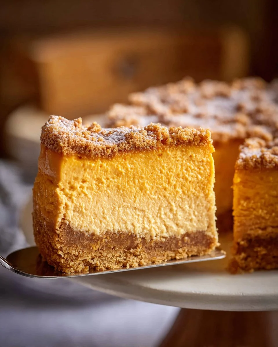 Delicious Pumpkin Crumble Cheesecake topped with buttery crumble
