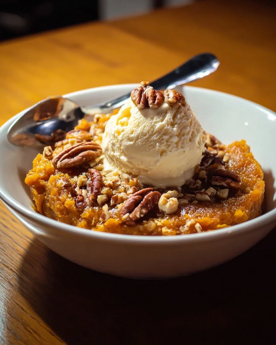 Delicious Pumpkin Pecan Cobbler served in a warm dish, topped with pecans