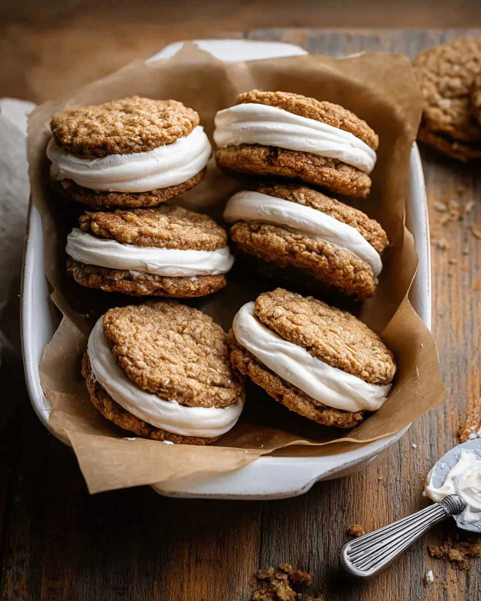 Pumpkin spice oatmeal cream pies with creamy filling on a rustic wooden background