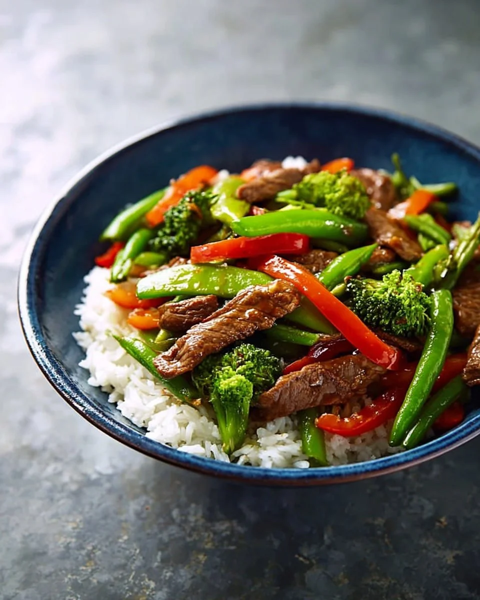 Delicious quick beef stir-fry served with colorful vegetables