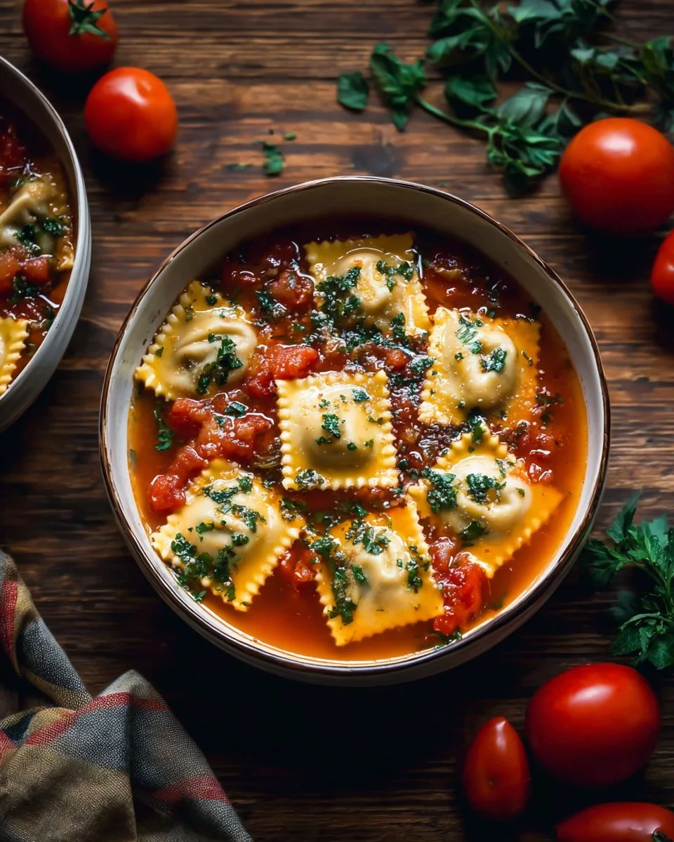 Bowl of hearty Ravioli Soup with fresh herbs and cheese toppings