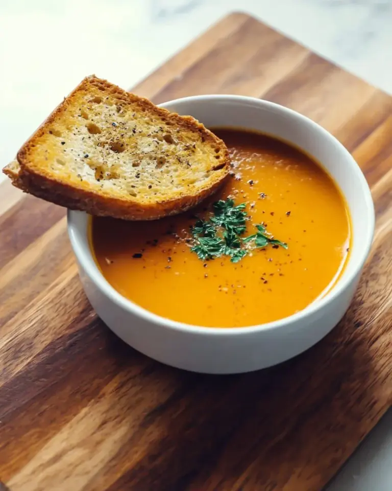 Delicious roasted vegetable soup served in a bowl with herbs and bread