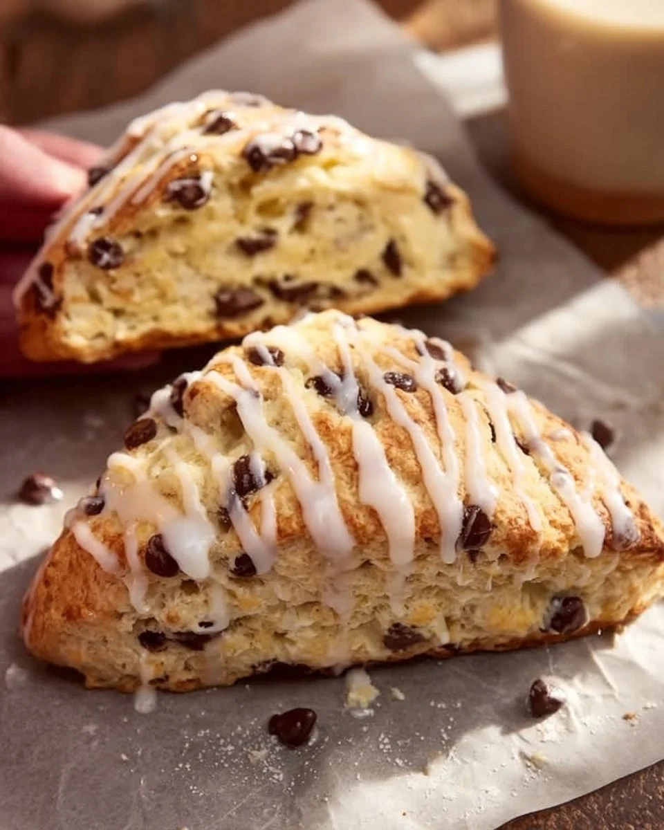 Frisch gebackene Schokoladenscones mit Schokoladenstückchen auf einem Teller.