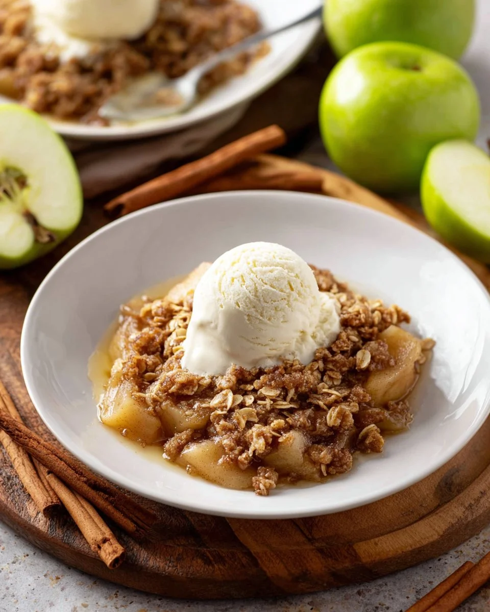 Delicious slow cooker apple crisp topped with oats and cinnamon