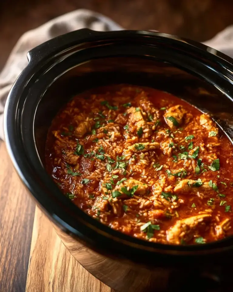 Bowl of Slow Cooker Chicken Jambalaya with colorful vegetables and spices