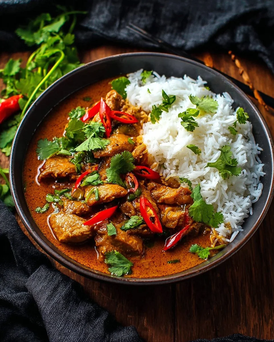 Bowl of slow cooker chicken satay curry served with rice and garnish