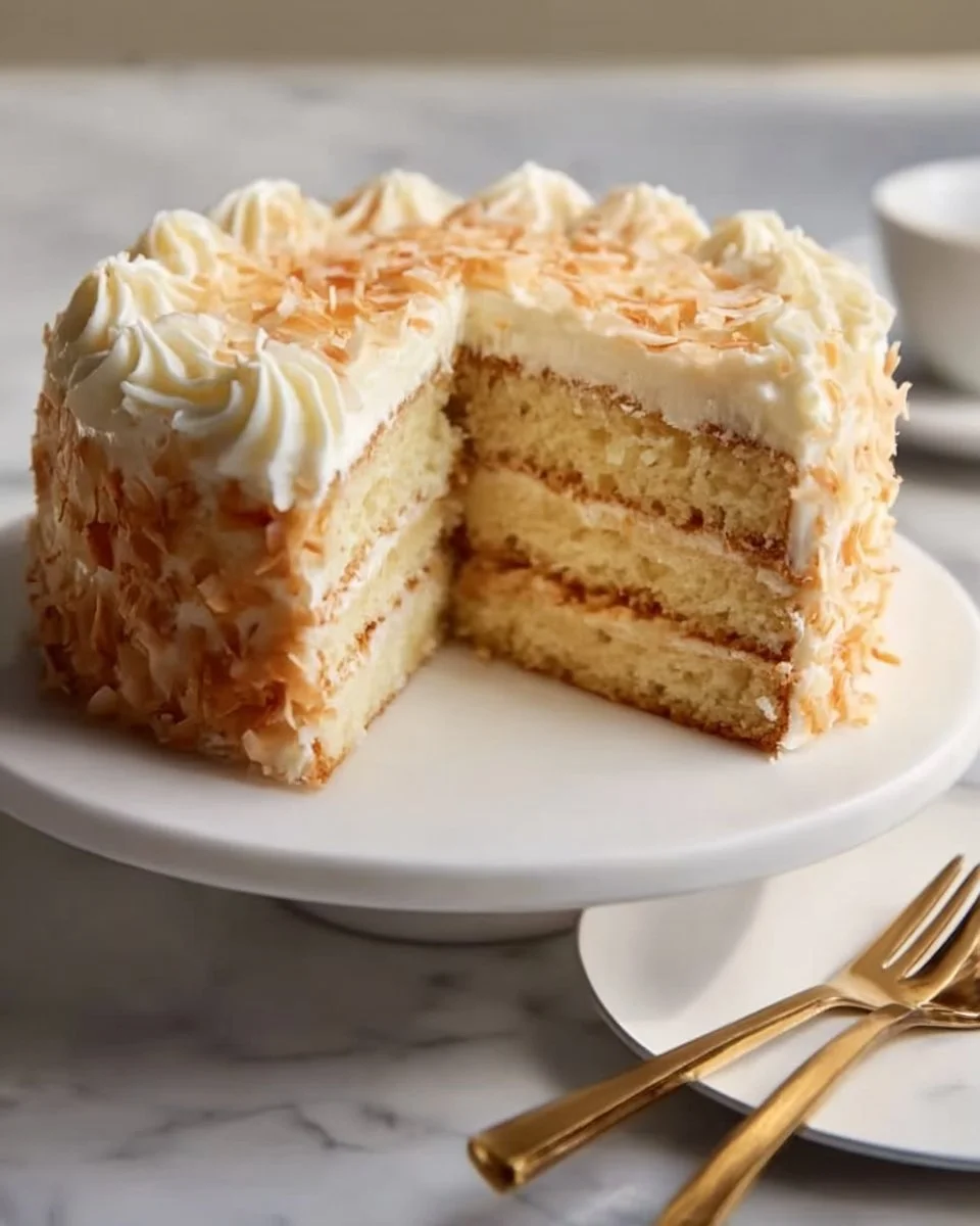 Slice of Sour Cream Coconut Cake with coconut flakes on top