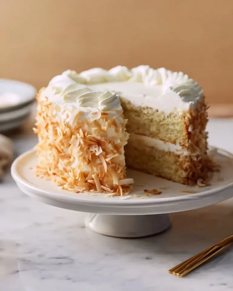 Moist Sour Cream Coconut Cake with coconut flakes on top and a slice cut out