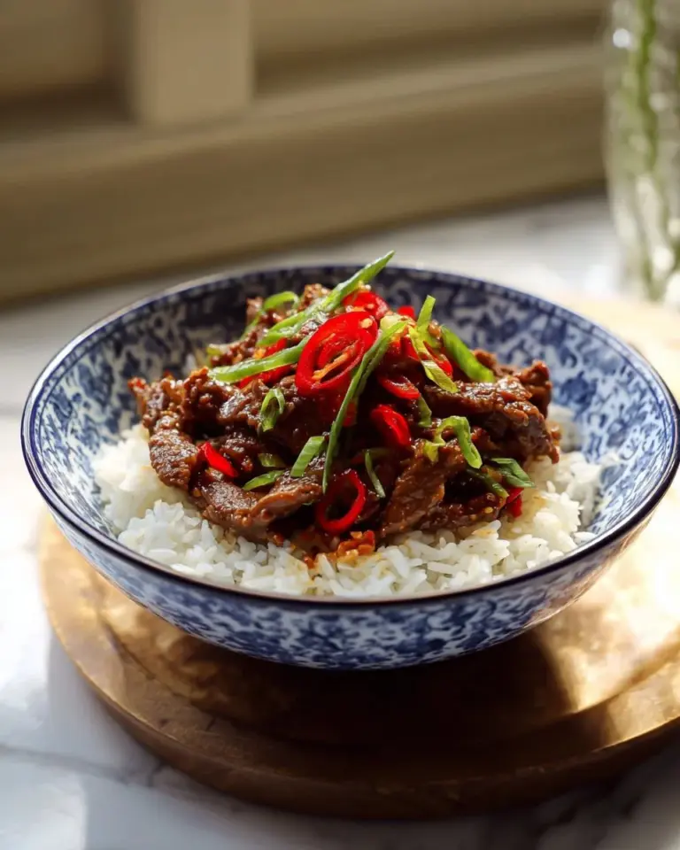 Delicious Spicy Mongolian Beef served in a bowl
