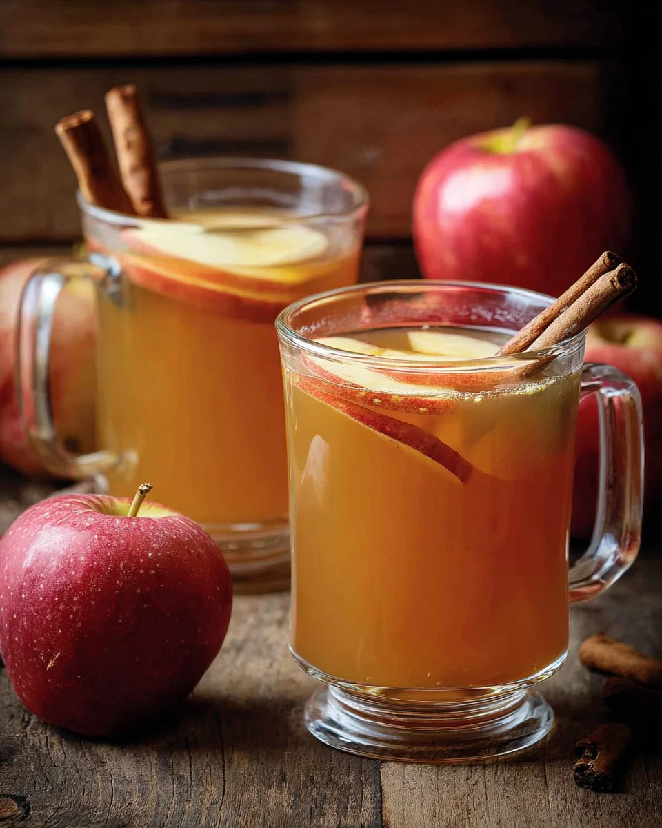 Glass of spiked apple cider garnished with cinnamon and apple slices.