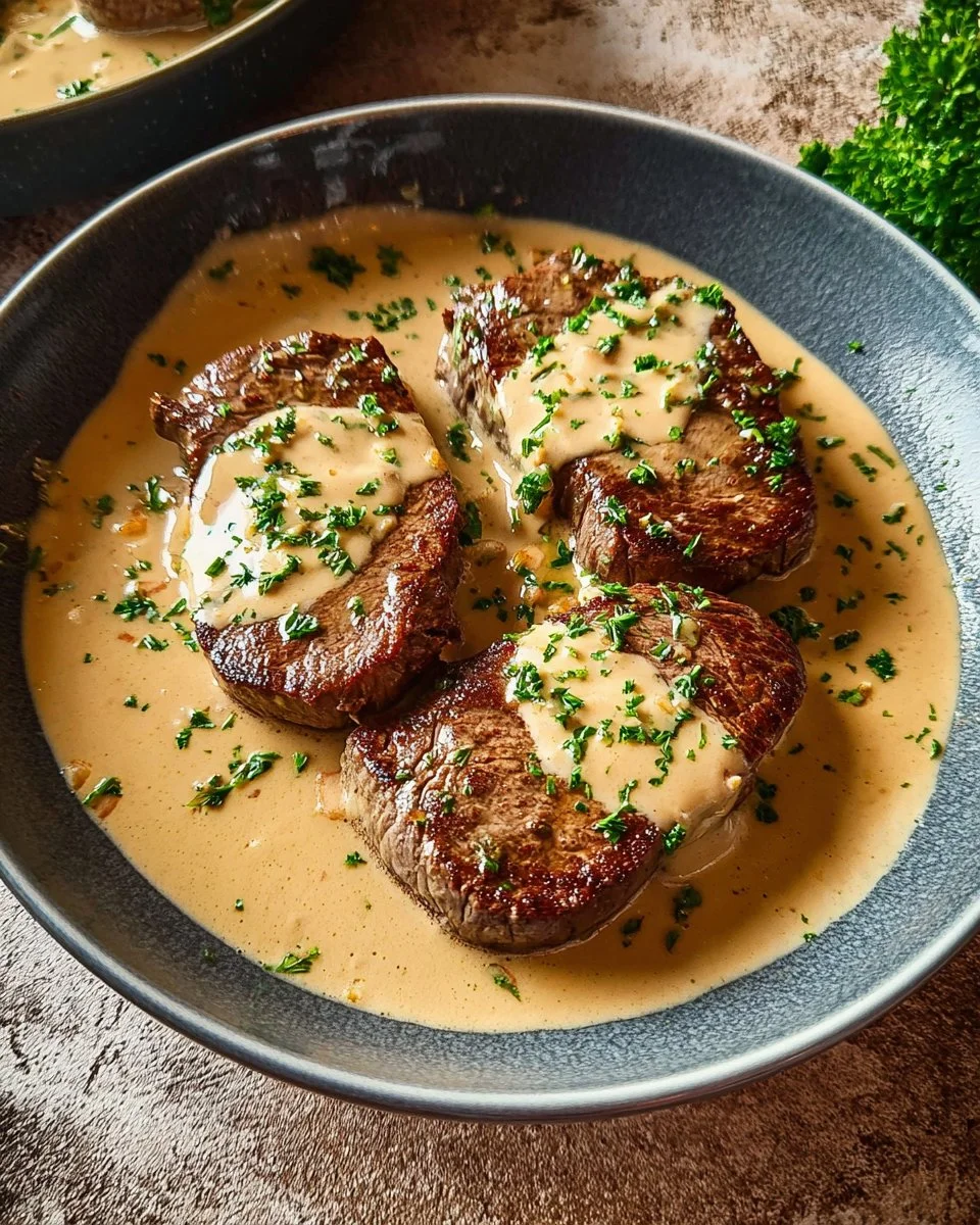 Delicious steaks served with creamy garlic sauce on a plate