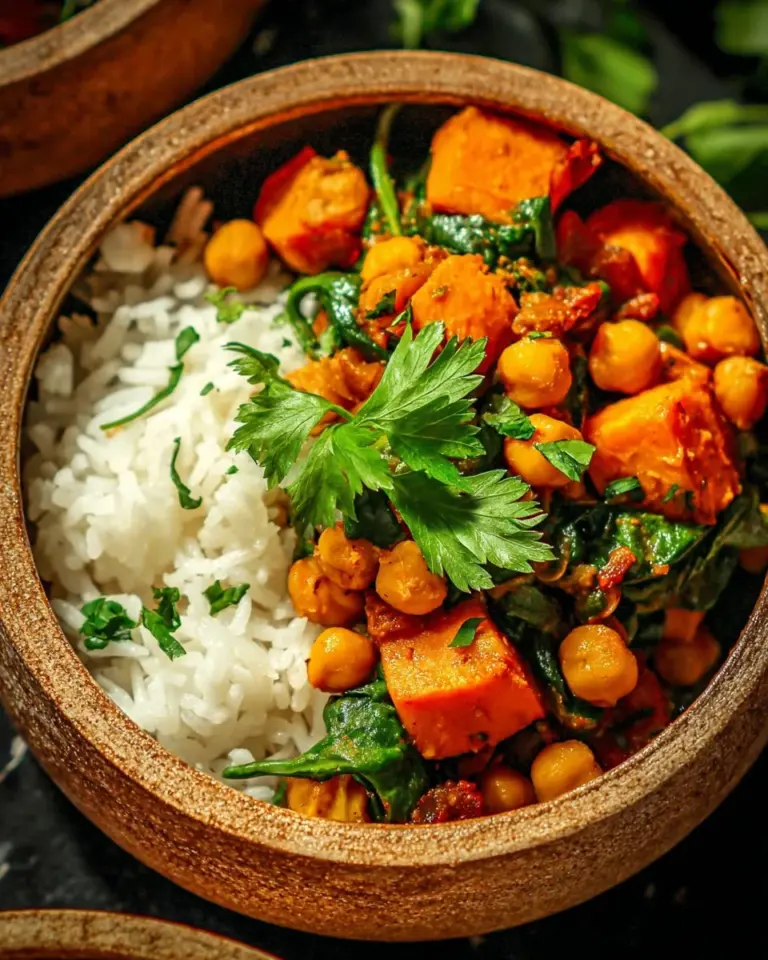 Bowl of Sweet Potato Chickpea Curry with vibrant spices and fresh ingredients