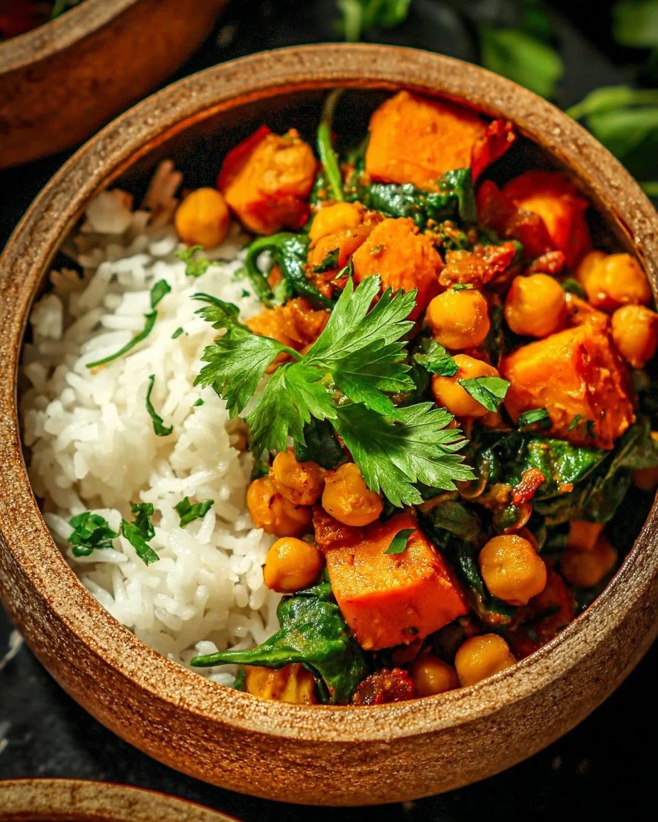 Bowl of Sweet Potato Chickpea Curry with vibrant spices and fresh ingredients