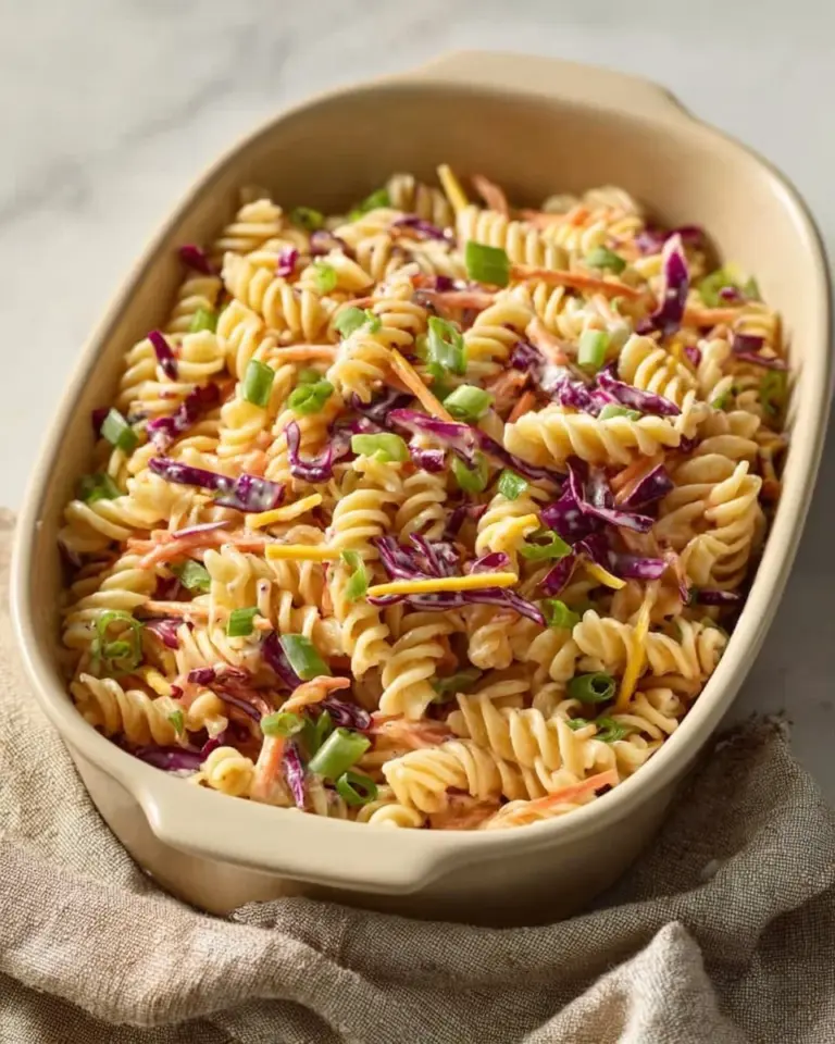 High protein Asian pasta salad with colorful vegetables and dressing