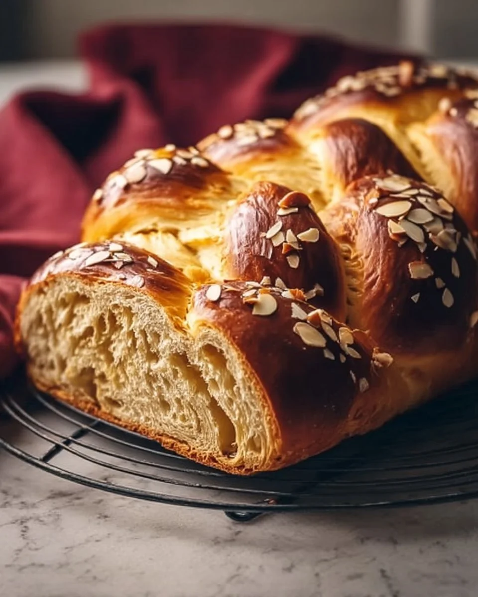 Freshly baked Traditional Greek Tsoureki, sweet bread with a golden crust.