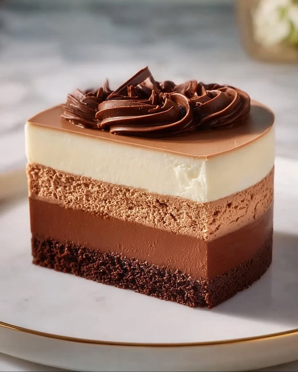 Delicious Triple Chocolate Mousse Cake with layers of chocolate richness