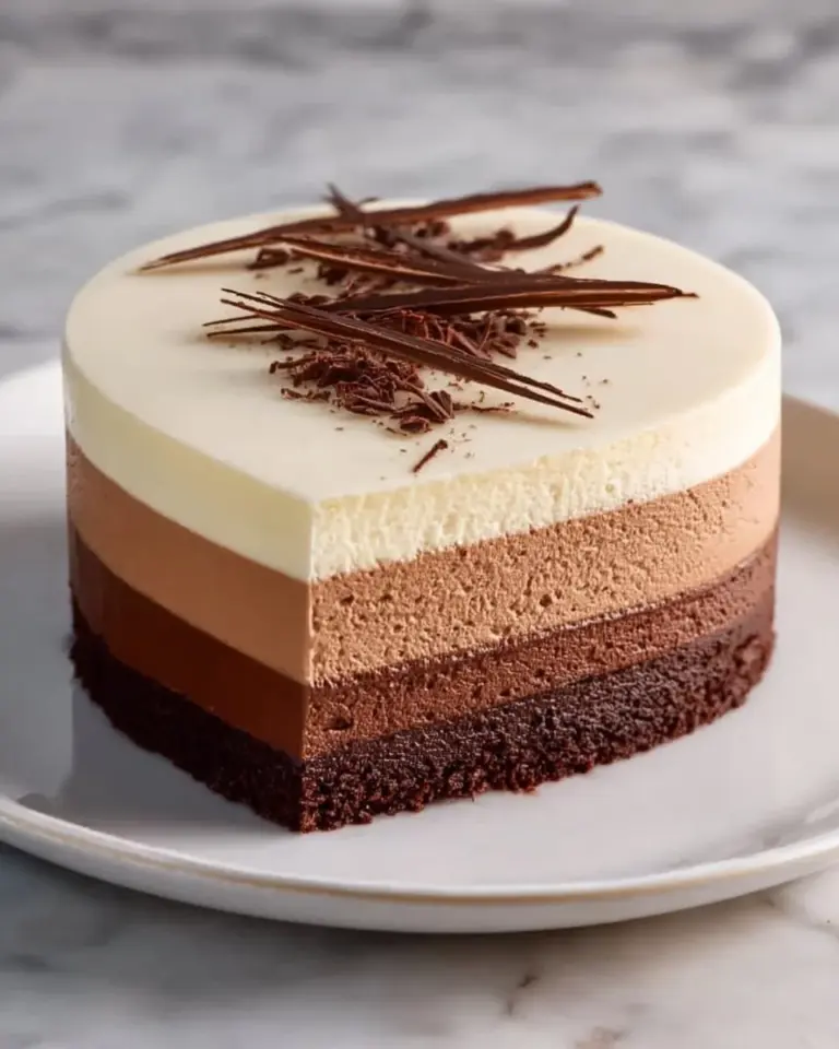 Triple Layer Chocolate Mousse Cake with rich chocolate layers and creamy topping