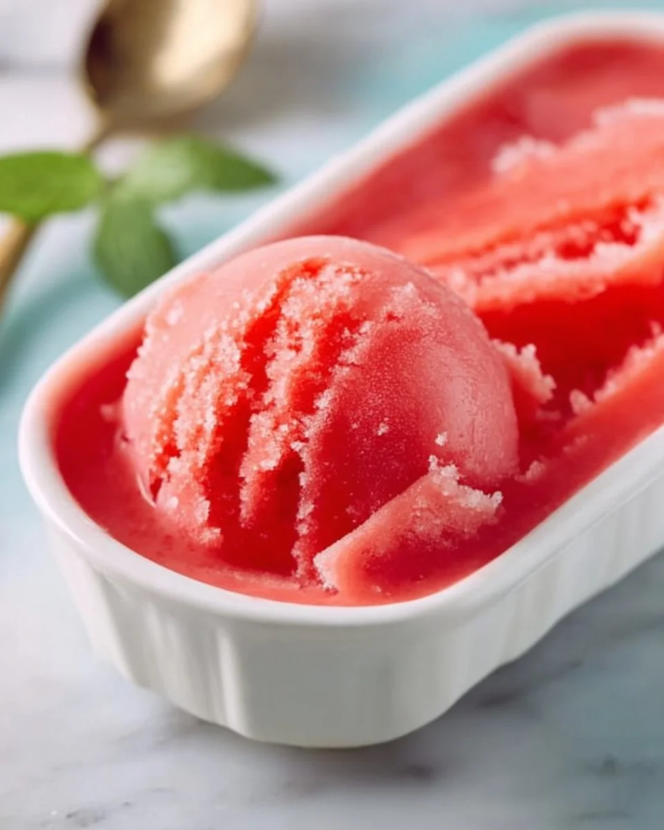 Bowl of vibrant watermelon sorbet garnished with mint leaves