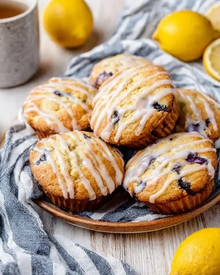 Zitronen-Blaubeer-Muffins frisch gebacken auf einem Holztablett