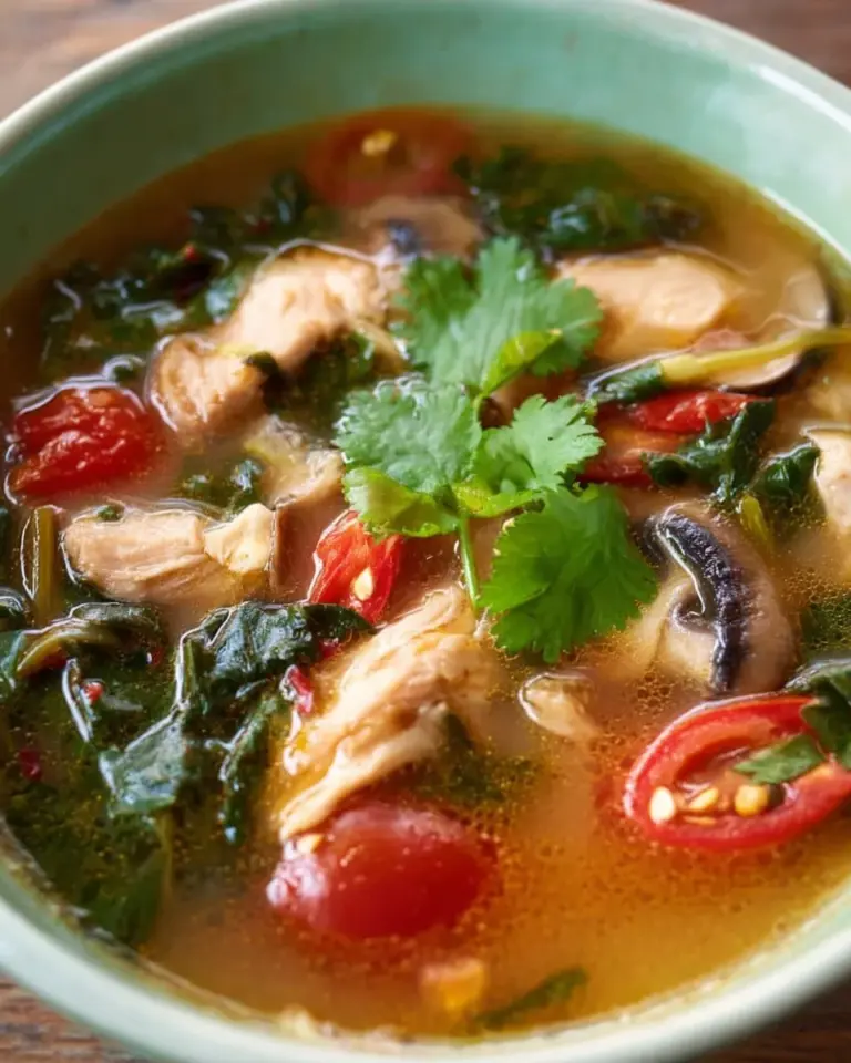 Bowl of authentic Thai Tom Yum Soup with chicken and fresh herbs