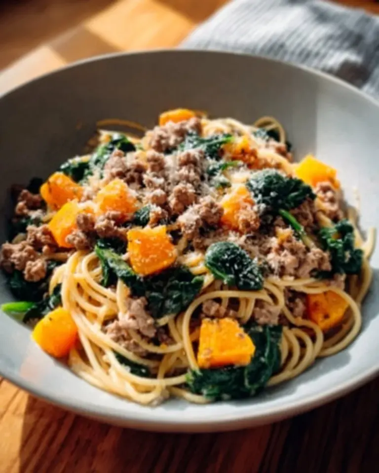Delicious Autumn Sausage Pasta Squash served in a bowl with herbs.