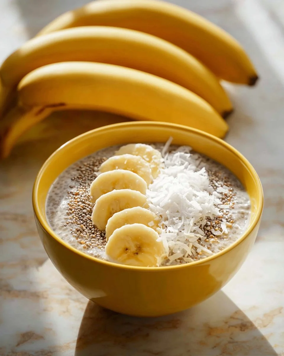 Delicious Banana Chia Seed Pudding in a bowl topped with banana slices.
